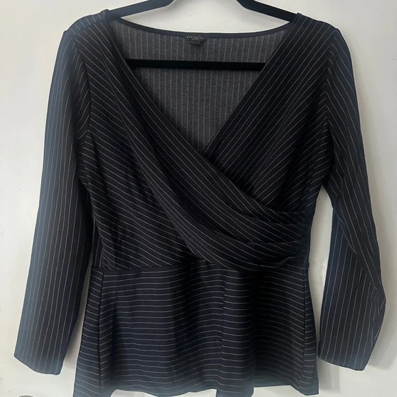 Ann Taylor Navy Blue Pinstripe Wrap-Style Long Sleeve Top - Picture 2 of 6